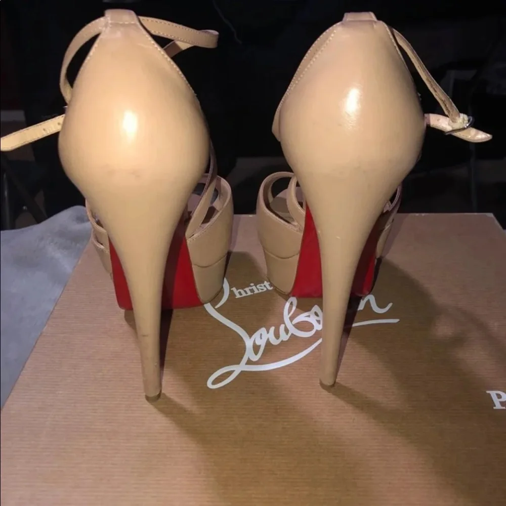 Christian Louboutin Nude Beige Platform Peep-Toe Ankle Strap Pumps